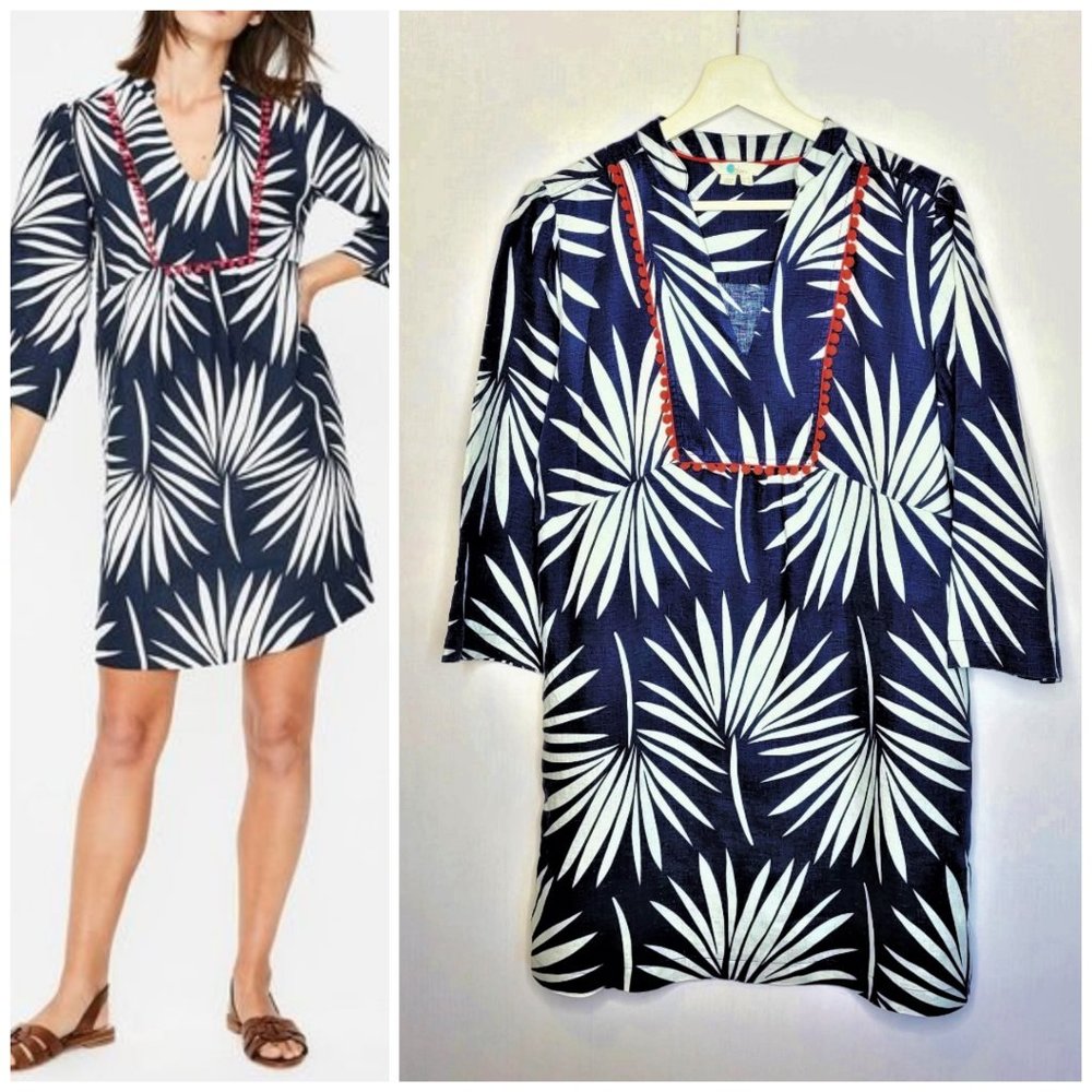 BODEN Navy Palm Print Linen Tunic Mini Dress 10L